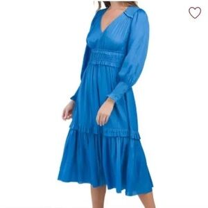 NWT ELIE TAHARI v-neck satin, ruffle-trim tiered midi dress Baltic blue L